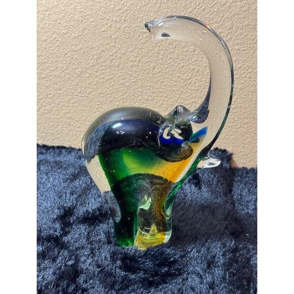 Vintage Glass Elephant Figurine10"  Green & Amber Art Glass Decor - Picture 2 of 11